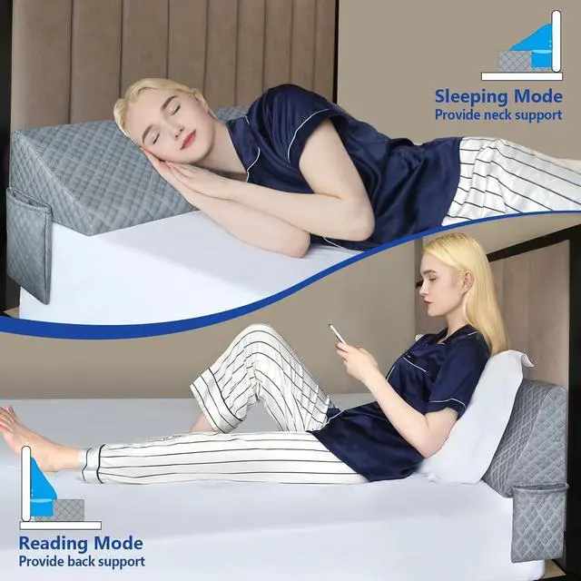 Alt view image 6 of 7 - Queen Size Pillow Wedge for Headboard Gap Bed Gap Filller (0-8) Mattress Space Filler Pillow Stopper with 2 Side Pocket Triangle Foam Pillow Wedge Between Headboard Mattress(Grey 60x10x6)