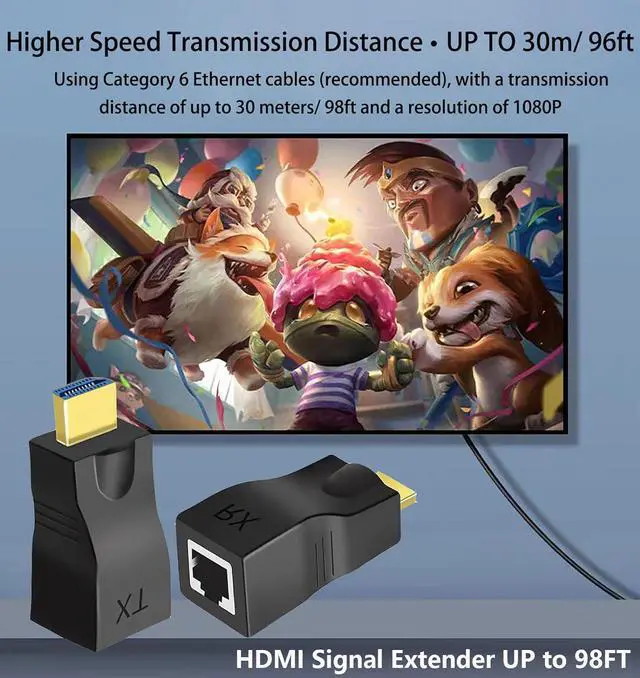 Alt view image 3 of 7 - Hdmi Extender Over Ethernet Cat 6/ 7/ 8 Cable HDMI to RJ45 Ethernet Network Converter Support Audio Video 1080P UP to 98FT(30m) Suitable for HDTV Computer Set Top Box PS3 4 Projector Monitor
