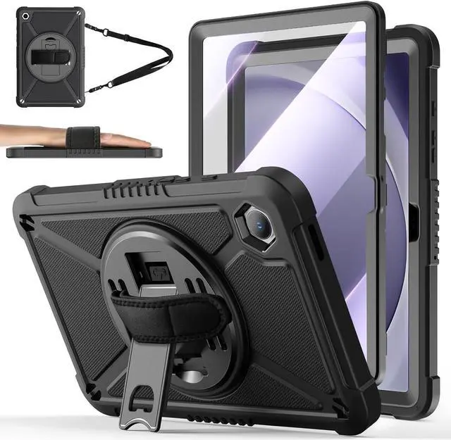 Main image of for  Galaxy Tab A9+ / A9 Plus 11 2023 (SM-X210/X216/X218) Shockproof Hard Duty Case with Screen Protector+360 Rotating Hand Strap&Stand+Shoulder Strap for Tab A9+ Tablet Black