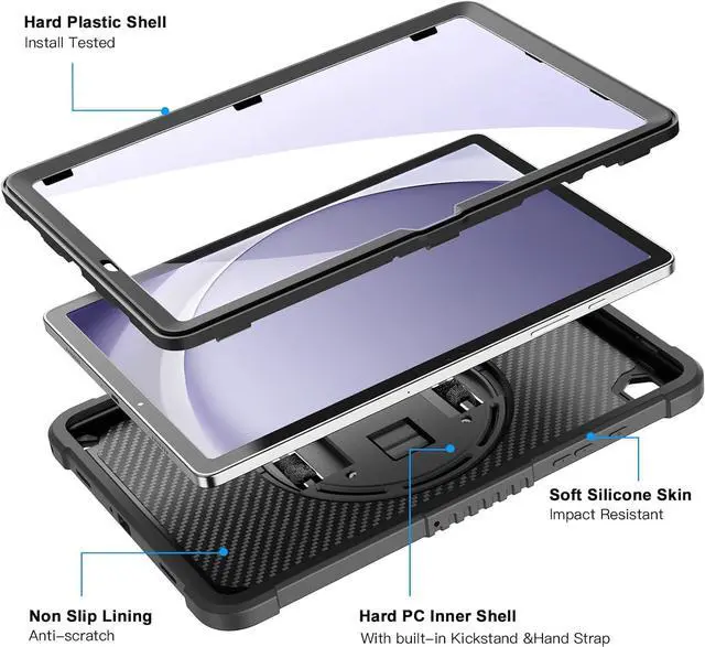 Alt view image 3 of 7 - for  Galaxy Tab A9+ / A9 Plus 11 2023 (SM-X210/X216/X218) Shockproof Hard Duty Case with Screen Protector+360 Rotating Hand Strap&Stand+Shoulder Strap for Tab A9+ Tablet Black