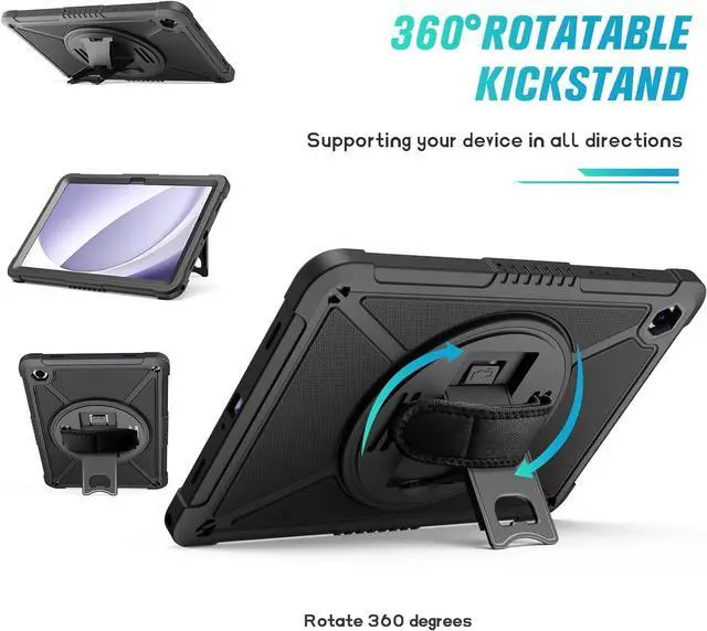 Alt view image 5 of 7 - for  Galaxy Tab A9+ / A9 Plus 11 2023 (SM-X210/X216/X218) Shockproof Hard Duty Case with Screen Protector+360 Rotating Hand Strap&Stand+Shoulder Strap for Tab A9+ Tablet Black