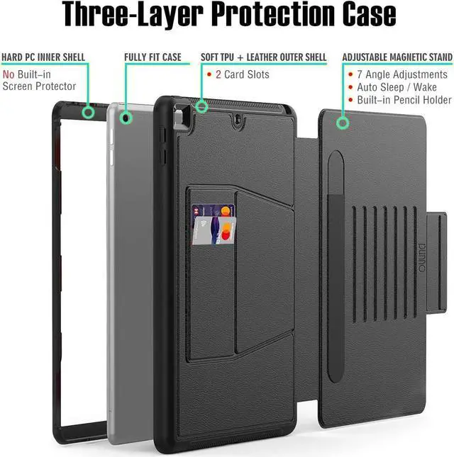 Alt view image 3 of 7 - Case for iPad 9th/ 8th/ 7th Generation (iPad 10.2-Inch 2021/2020/2019) Shockproof Magnetic Multi-Angles Stand Cover Case with Pen Holder & Card Pocket Auto Wake/Sleep (Black)