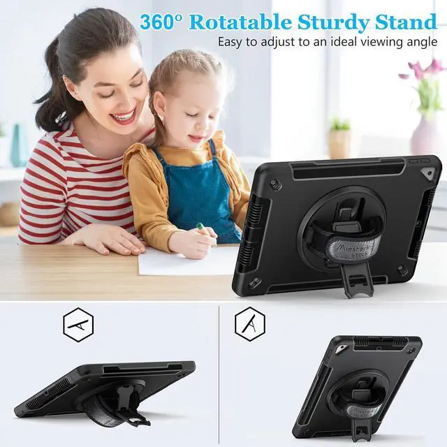 Alt view image 2 of 7 - Case for iPad 9th Generation 2021: Military Grade TPU Protective Cover for iPad 8th/7th Gen 10.2 Inch 2020/2019 W/Pencil Holder - Stand - Handle - Shoulder Strap- Black
