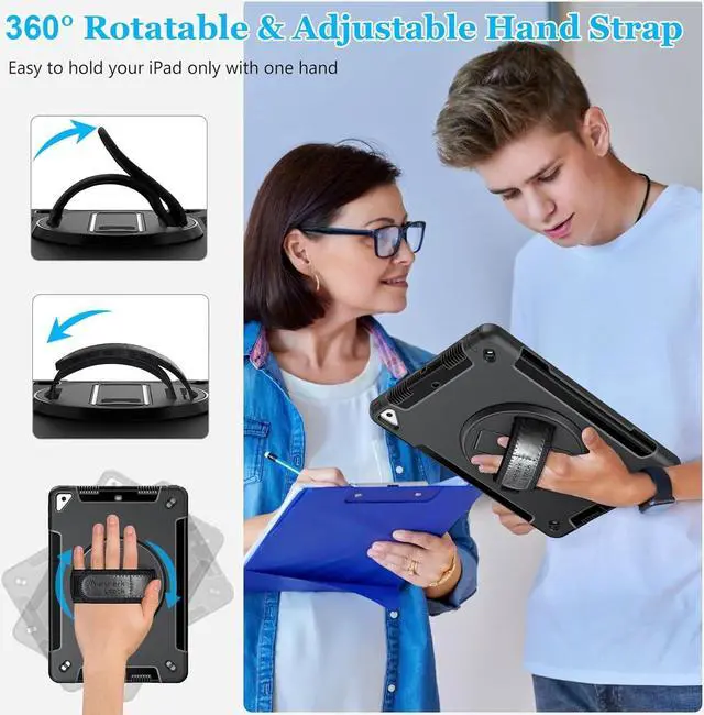 Alt view image 3 of 7 - Case for iPad 9th Generation 2021: Military Grade TPU Protective Cover for iPad 8th/7th Gen 10.2 Inch 2020/2019 W/Pencil Holder - Stand - Handle - Shoulder Strap- Black
