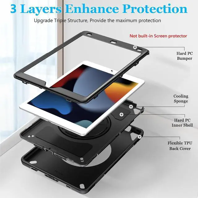 Alt view image 7 of 7 - Case for iPad 9th Generation 2021: Military Grade TPU Protective Cover for iPad 8th/7th Gen 10.2 Inch 2020/2019 W/Pencil Holder - Stand - Handle - Shoulder Strap- Black