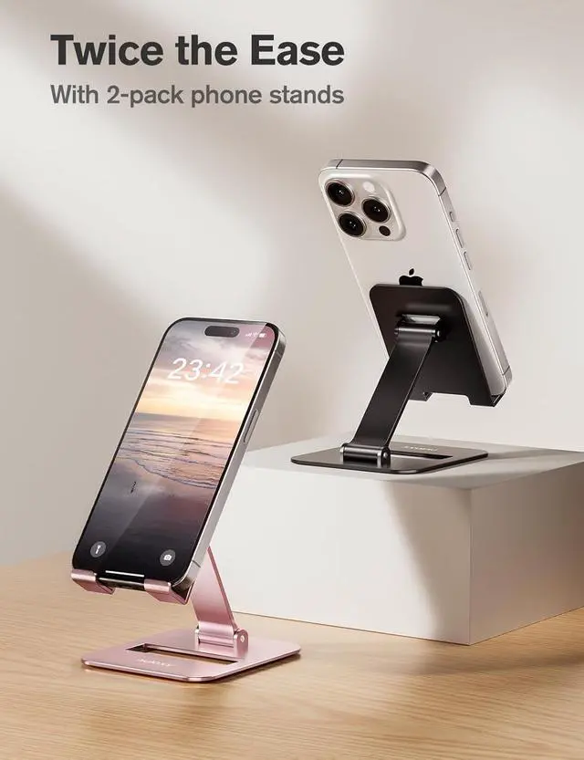 Alt view image 2 of 7 - 2 Pack Dual Folding Cell Phone Stand Fully Adjustable Phone Holder for Desk Compatible with iPhone 16 15 14 13 12 11 Nintendo Switch All Phones Black & Rose Gold