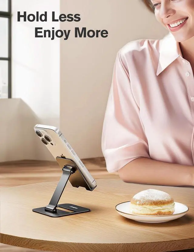 Alt view image 6 of 7 - 2 Pack Dual Folding Cell Phone Stand Fully Adjustable Phone Holder for Desk Compatible with iPhone 16 15 14 13 12 11 Nintendo Switch All Phones Black & Rose Gold
