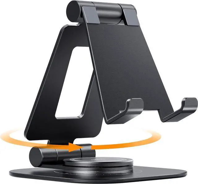 Main image of 360 Rotating Cell Phone Stand Fully Adjustable Foldable Desktop Phone Holder Cradle Dock Thick Case Friendly Compatible with All Phones Nintendo Switch Black