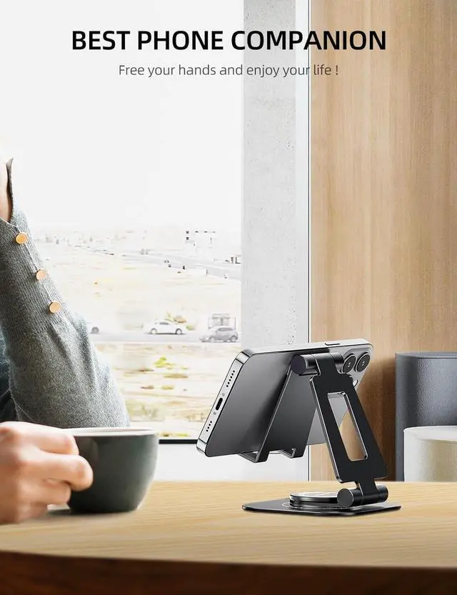 Alt view image 7 of 7 - 360 Rotating Cell Phone Stand Fully Adjustable Foldable Desktop Phone Holder Cradle Dock Thick Case Friendly Compatible with All Phones Nintendo Switch Black