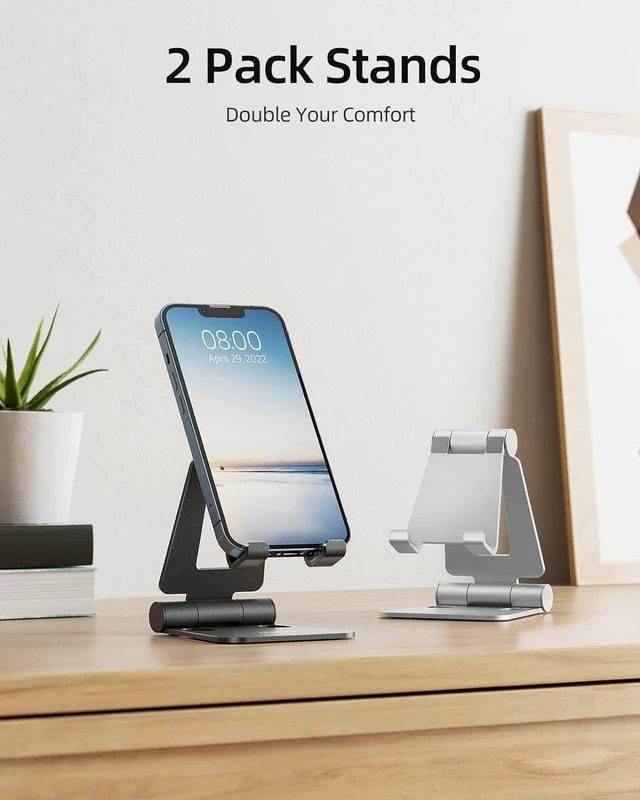 Alt view image 2 of 6 - 2 Pack Aluminum Dual Folding Cell Phone Stand for Desk Black&Silver