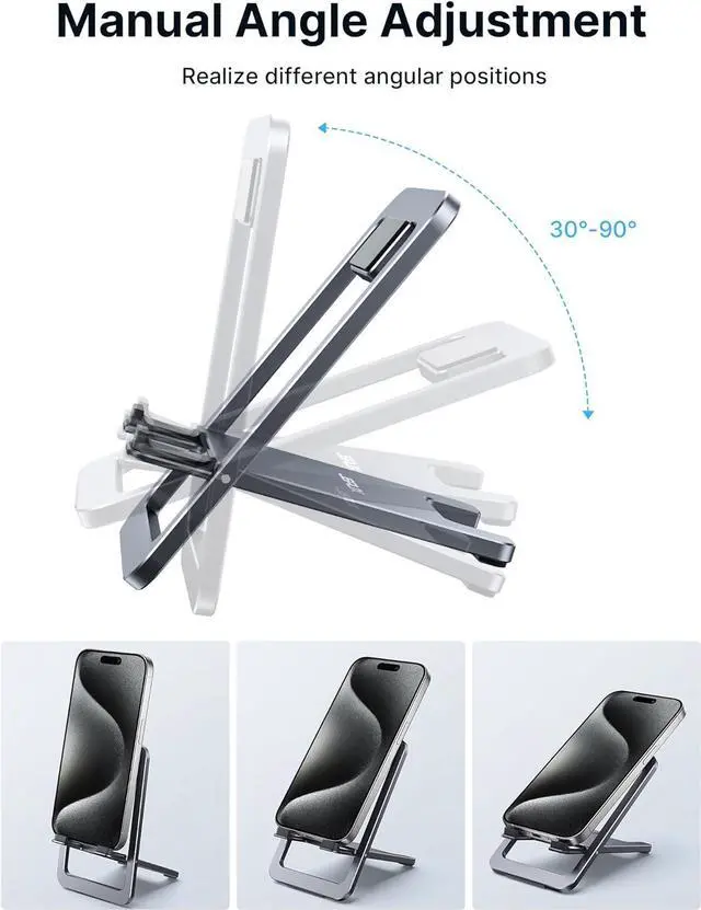 Alt view image 5 of 7 - Cell Phone Stand Foldable Aluminum Adjustable Travel Phone Holder for Desk Compatible for iPhone 15 14 13 12 11 Pro Max X Xr  S22 S21 Switch Grey
