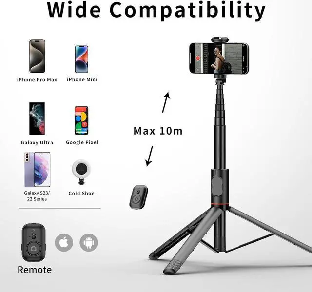 Alt view image 6 of 7 - Joyful 72 Phone Tripod & Selfie Stick Extendable Cell Phone Tripod Stand with Wireless Remote Control and Cold Shoe Mount Compatible with iPhone and  Android for Video/Photo/Vlog (Black)