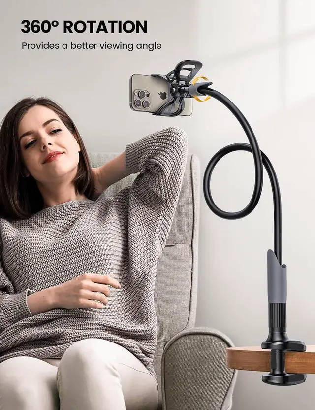 Alt view image 3 of 7 - Gooseneck Phone Holder for Bed - Cell Phone Mount Clamp Clip Flexible Long Arm Overhead Mount for Desk Headboard Bedside for iPhone 16 Pro Max 15 Pro Max 14 Plus 13 Mini & 4-7 Phone