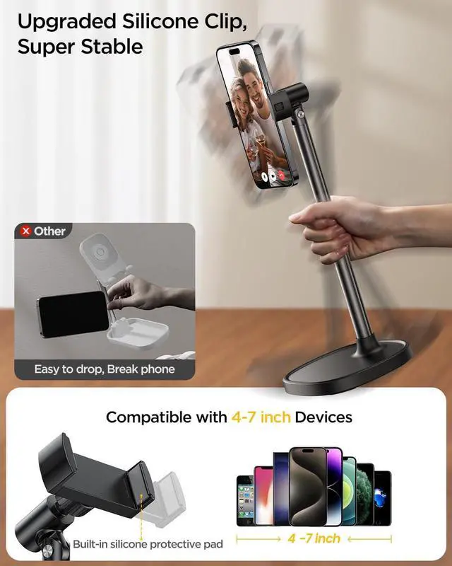 Alt view image 5 of 7 - Cell Phone Stand for Desk Angle Height Adjustable Phone Holder for Desk Aluminum Alloy Universal Phone Stand Recording Retractable iPhone Stand Holder Office for iPhone 15 Pro Max Plus