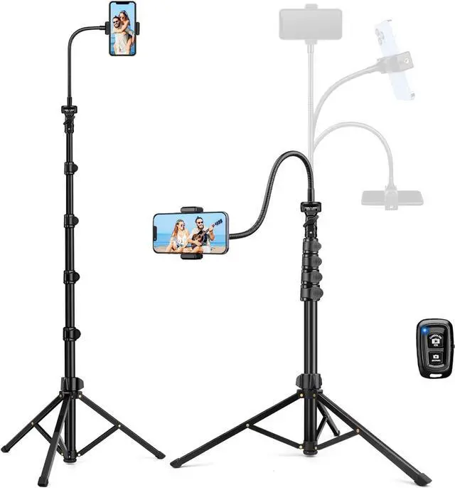 Main image of Phone Tripod Stand 85 Tall Cellphone Tripod with Gooseneck Remote Flexible Tripod Stand for iphone Portable Phone Stand Tripod for Recording Compatible with iPhone 14 13 12 pro Android Cell phone