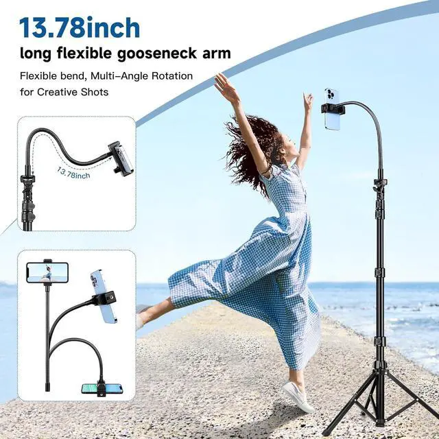 Alt view image 2 of 7 - Phone Tripod Stand 85 Tall Cellphone Tripod with Gooseneck Remote Flexible Tripod Stand for iphone Portable Phone Stand Tripod for Recording Compatible with iPhone 14 13 12 pro Android Cell phone