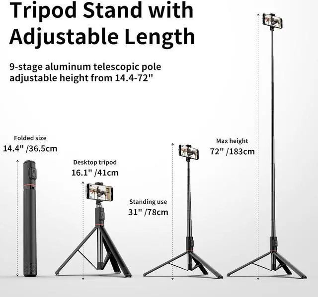 Alt view image 3 of 7 - Joyful 72 Phone Tripod & Selfie Stick Extendable Cell Phone Tripod Stand with Wireless Remote Control and Cold Shoe Mount Compatible with iPhone and  Android for Video/Photo/Vlog (Black)
