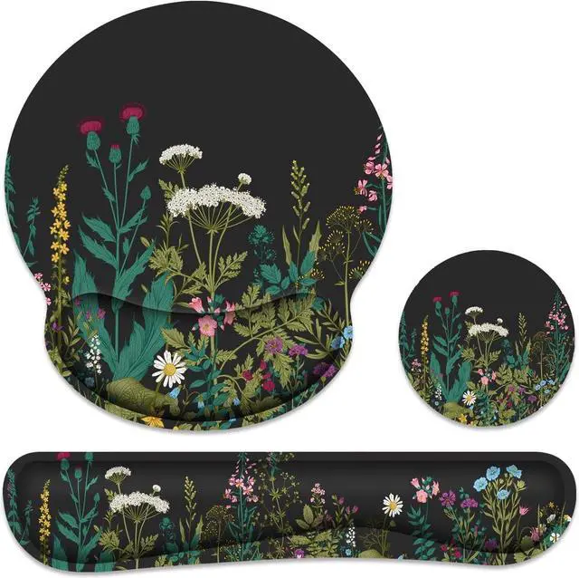 Main image of Ergonomic Mouse Pad with Wrist Rest and Keyboard Wrist Rest Memory Foam Wrist Rest for Computer Keyboard Easy Typing Pain Relief Mouse Pad Wrist Support for Gaming Office Laptop Black Flower