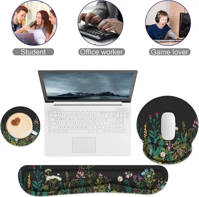 Alt view image 4 of 7 - Ergonomic Mouse Pad with Wrist Rest and Keyboard Wrist Rest Memory Foam Wrist Rest for Computer Keyboard Easy Typing Pain Relief Mouse Pad Wrist Support for Gaming Office Laptop Black Flower