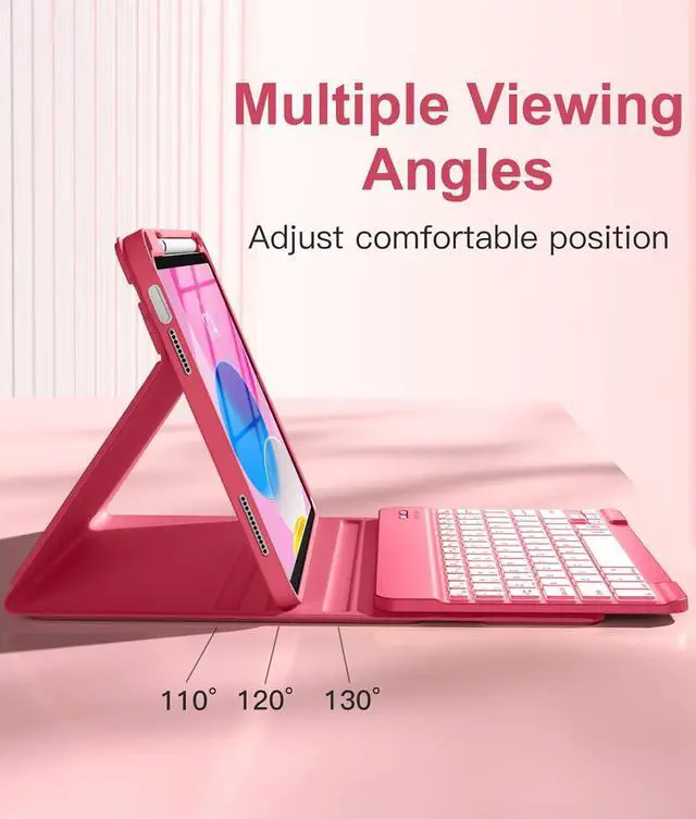 Alt view image 5 of 7 - iPad 10th Generation Case with Keyboard 10.9 Inch - 7 Colors Backlit Wireless Detachable Folio Keyboard Cover with Pencil Holder for New iPad 10th Gen 2022 (Pink)