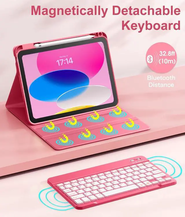 Alt view image 4 of 7 - iPad 10th Generation Case with Keyboard 10.9 Inch - 7 Colors Backlit Wireless Detachable Folio Keyboard Cover with Pencil Holder for New iPad 10th Gen 2022 (Pink)