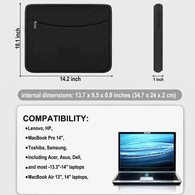 Alt view image 5 of 7 - Laptop Sleeve Case 14 inch Shockproof Protective Laptop Cover Briefcase Carrying Computer Bag with Accessory Pocket Portable Laptop Sleeve for 14 MacBook HP    Black
