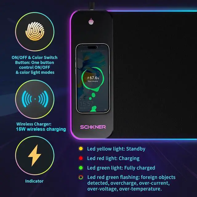 Alt view image 4 of 7 - RGB Gaming Mouse Pad with Wireless Charging 15W Large Desk Mat 800x300x4mm 10 Light Modes Keyboard Pad with Non-Slip Rubber Base Waterproof Mousepad for Gaming PC MacBook Laptop