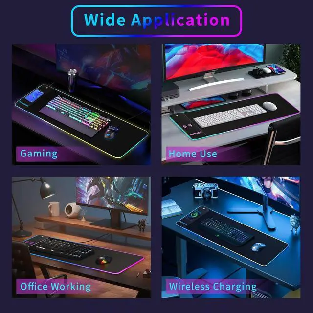 Alt view image 7 of 7 - RGB Gaming Mouse Pad with Wireless Charging 15W Large Desk Mat 800x300x4mm 10 Light Modes Keyboard Pad with Non-Slip Rubber Base Waterproof Mousepad for Gaming PC MacBook Laptop
