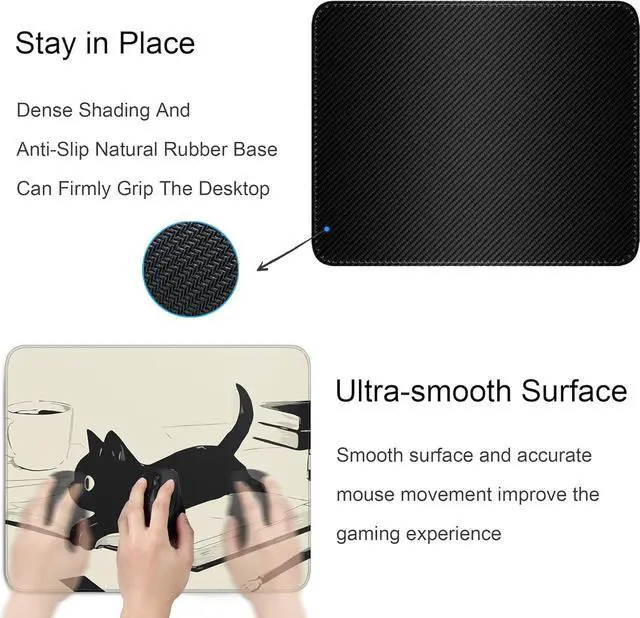 Alt view image 5 of 7 - Cute Black Cat Mouse Pad Kawaii Anime Cat Mouse Pads for Wireless Mouse Desk Accessories 10X8 Travel Mousepad with Non-Slip Rubber Base Stitched Edge Mouse Pads for Desk Computers Laptop Office