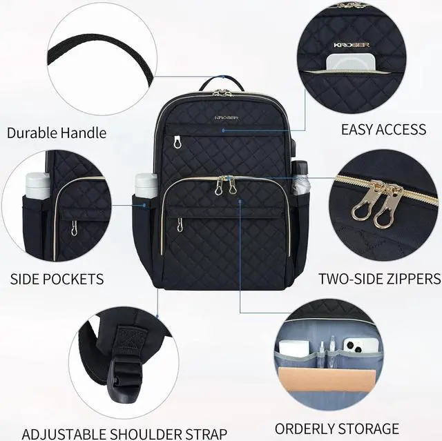 Alt view image 3 of 6 - Laptop Backpack 15.6 Inch Stylish Daypack with USB Charging Port Water-repellent Nylon Backpack Backpack for Travel/Business/Women/Black