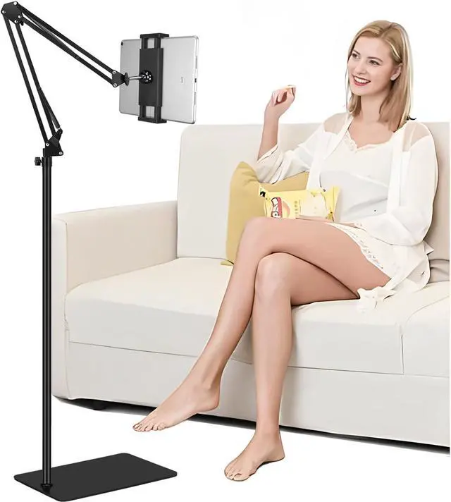 Main image of Tablet Floor Stand with Heavy Duty Base Overhead Bed phone Stand Angle Height Adjustable Arm Stretchable Stand Holder Compatible with iPad Mini Air Pro Galaxy Tab Kindle E-Readers Cell Phones