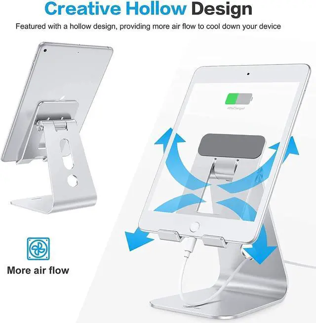 Alt view image 3 of 7 - Adjustable Tablet Stand for Desk Upgraded Longer Arms for Greater Stability T2 Tablet Holder with Hollow Design for Bigger Sized Phones and Tablets Such as iPad Pro/Air/Mini Silver