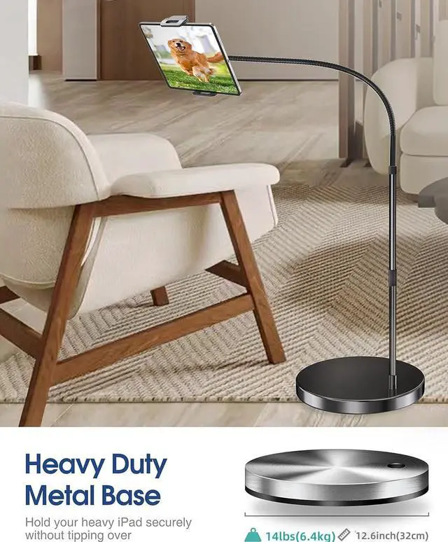 Alt view image 2 of 7 - Aluminum iPad Stand for Floor, 14lb Stable Base & Height Adjustable iPad Floor Stand, Gooseneck iPad Holder for Bed & Sofa, Compatible with All iPad, iPad Pro, Kindle & More 4.7-13in Tablets