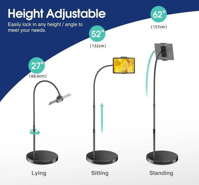 Alt view image 3 of 7 - Aluminum iPad Stand for Floor, 14lb Stable Base & Height Adjustable iPad Floor Stand, Gooseneck iPad Holder for Bed & Sofa, Compatible with All iPad, iPad Pro, Kindle & More 4.7-13in Tablets