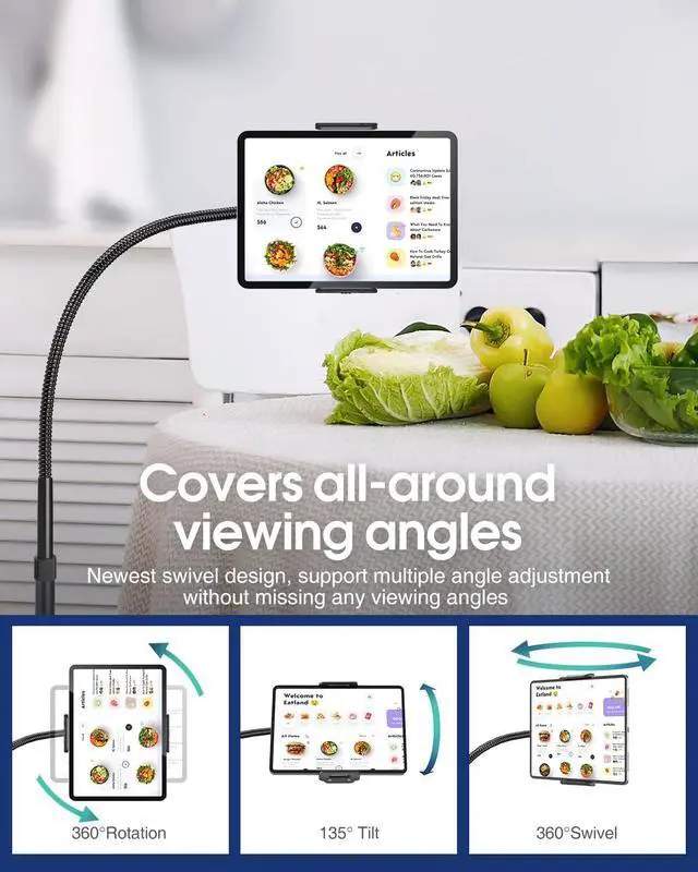 Alt view image 4 of 7 - Aluminum iPad Stand for Floor, 14lb Stable Base & Height Adjustable iPad Floor Stand, Gooseneck iPad Holder for Bed & Sofa, Compatible with All iPad, iPad Pro, Kindle & More 4.7-13in Tablets