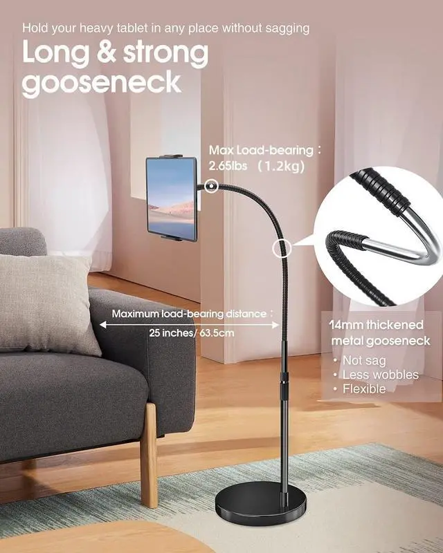 Alt view image 5 of 7 - Aluminum iPad Stand for Floor, 14lb Stable Base & Height Adjustable iPad Floor Stand, Gooseneck iPad Holder for Bed & Sofa, Compatible with All iPad, iPad Pro, Kindle & More 4.7-13in Tablets