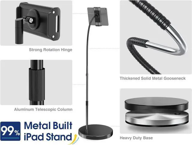 Alt view image 7 of 7 - Aluminum iPad Stand for Floor, 14lb Stable Base & Height Adjustable iPad Floor Stand, Gooseneck iPad Holder for Bed & Sofa, Compatible with All iPad, iPad Pro, Kindle & More 4.7-13in Tablets