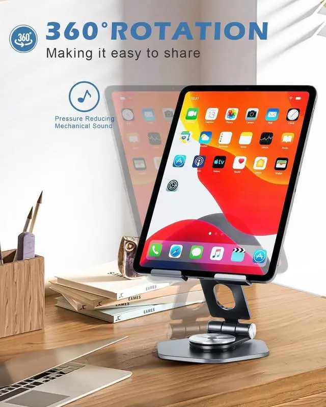 Alt view image 2 of 7 - Tablet Stand Holder for Desk Swivel iPad Stand with 360 Rotating Base Aluminum Foldable Desktop Stand Holder Compatible with All Tablet Such as iPad Pro 12.9 11 10.5 9.7 Grey