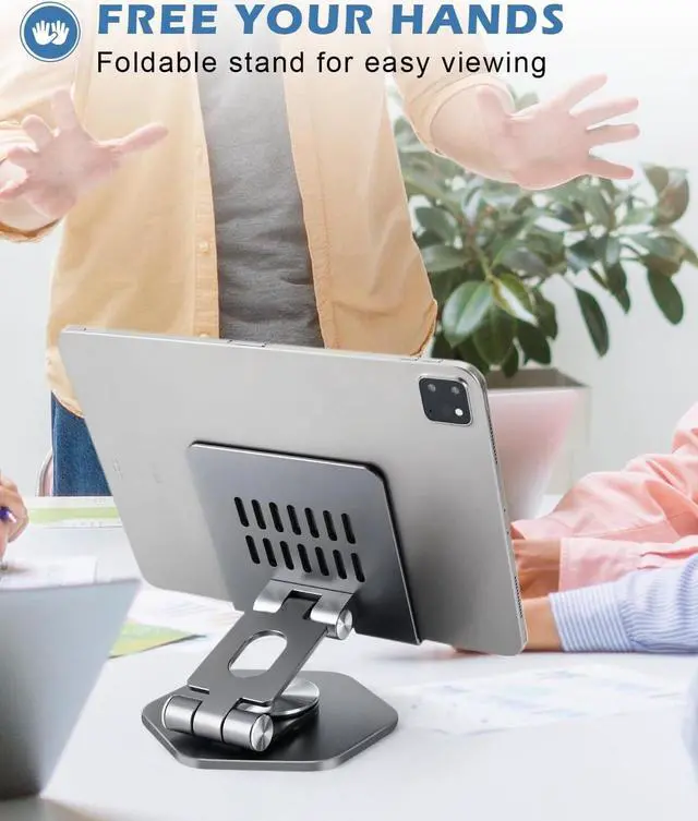 Alt view image 4 of 7 - Tablet Stand Holder for Desk Swivel iPad Stand with 360 Rotating Base Aluminum Foldable Desktop Stand Holder Compatible with All Tablet Such as iPad Pro 12.9 11 10.5 9.7 Grey