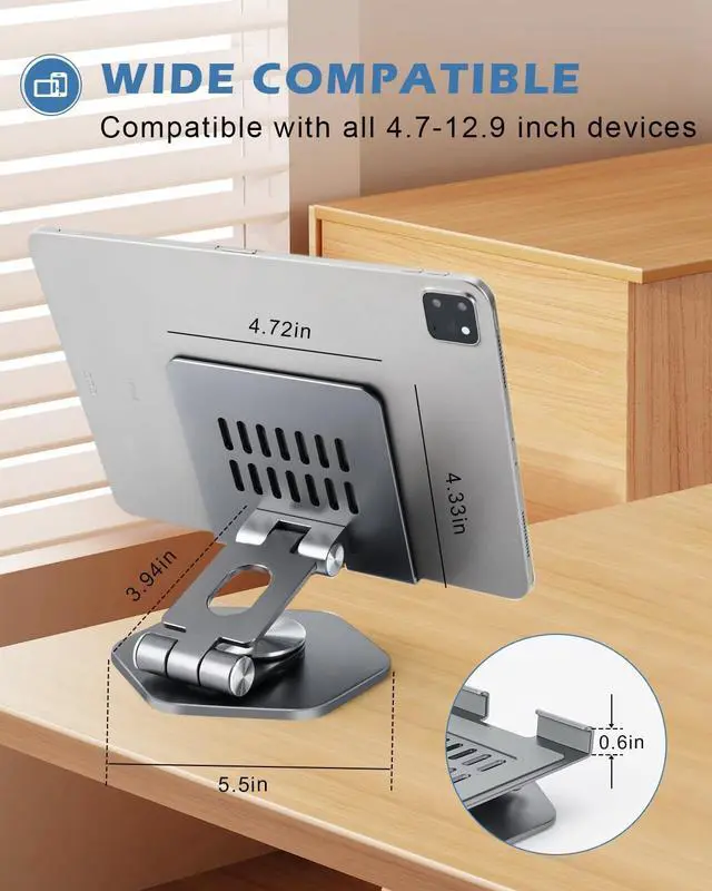 Alt view image 6 of 7 - Tablet Stand Holder for Desk Swivel iPad Stand with 360 Rotating Base Aluminum Foldable Desktop Stand Holder Compatible with All Tablet Such as iPad Pro 12.9 11 10.5 9.7 Grey
