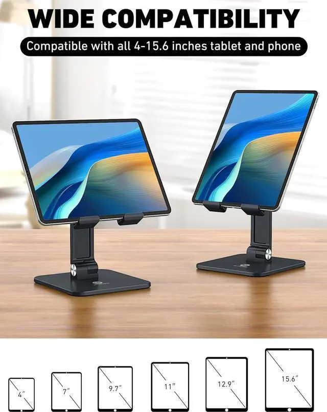 Alt view image 2 of 7 - Tablet Stand iPad Stand for Desk Adjustable Height and Angle Foldable Tablet Holder Stand Compatible with 15.6 Portable Monitor iPad Pro 9.7 10.5 11 12.9 Air Mini 4 3 2 - Black
