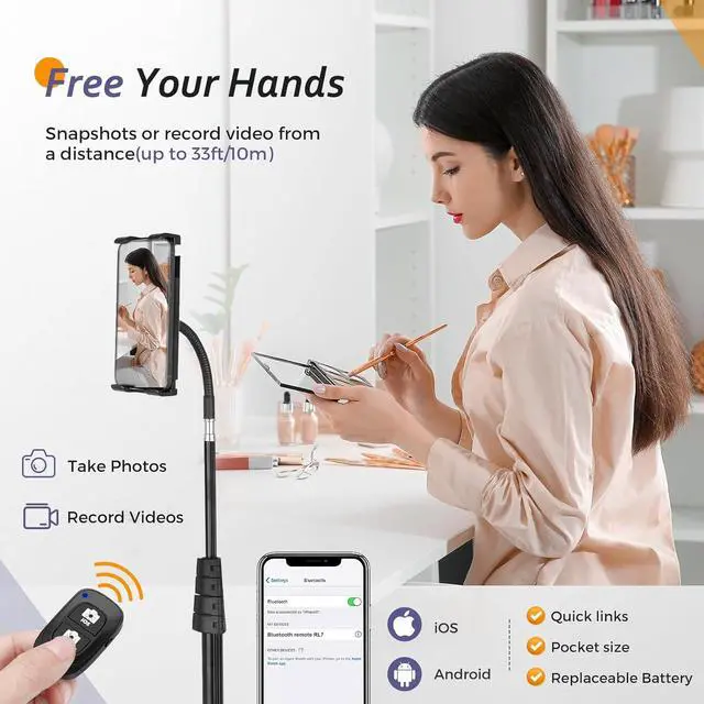 Alt view image 5 of 7 - Stand Floor 67 Height Adjustable Tripod Stand Tablet Stand with Extendable Holder for iPad Mini/ Air/ Pro Kindle Switch Smartphones and All 4.7 to 12.9 Devices