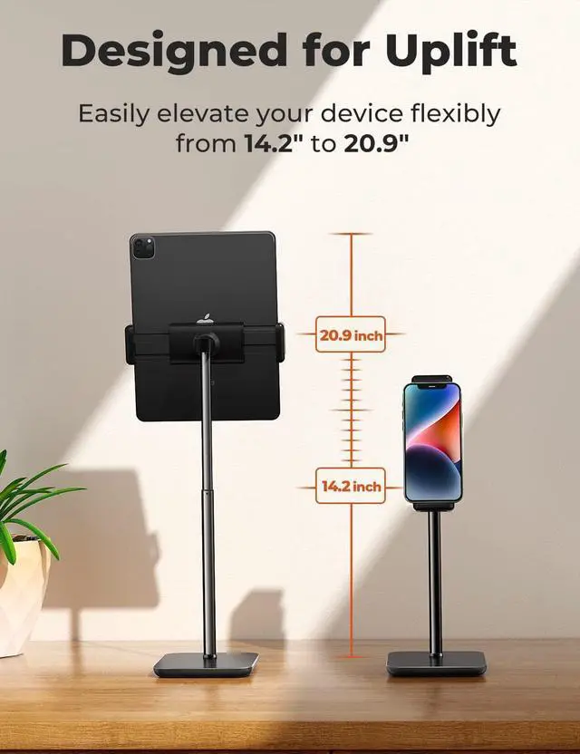 Alt view image 3 of 7 - Adjustable iPad Stand with 21 Height Extension 360° Swivel Tablet Holder for Desk Surface Pro Stand Portable Monitor Stand Compatibility with 4.7-15.6 Tablets and Smartphones Display - Black