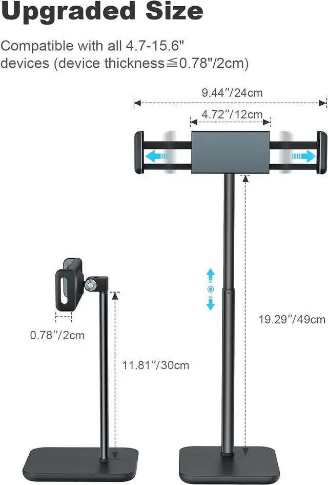 Alt view image 5 of 7 - Adjustable iPad Stand with 21 Height Extension 360° Swivel Tablet Holder for Desk Surface Pro Stand Portable Monitor Stand Compatibility with 4.7-15.6 Tablets and Smartphones Display - Black