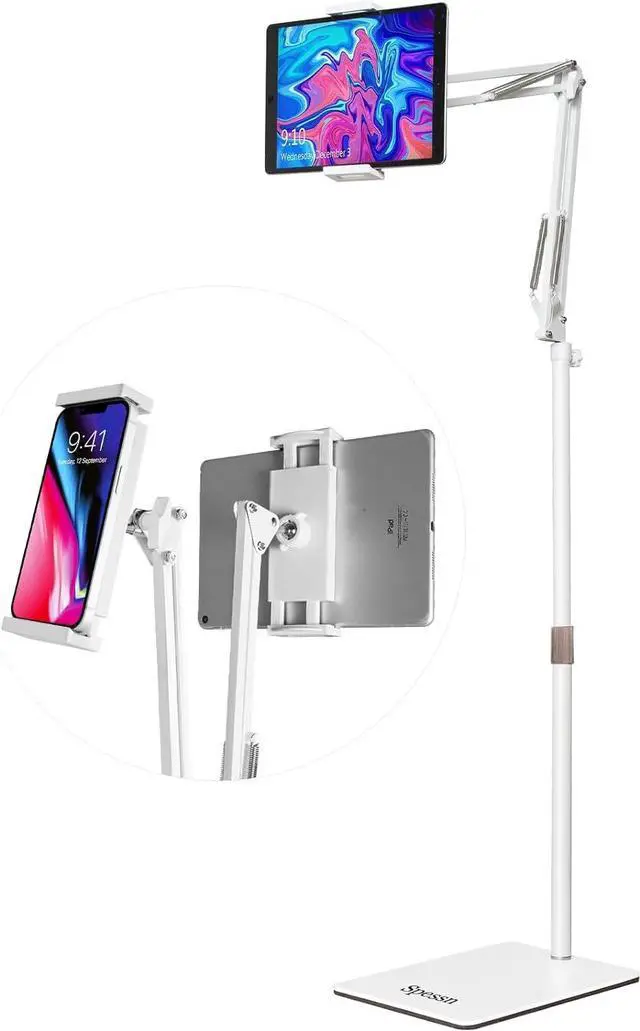 Main image of Tablet Floor Stand Overhead Bed Phone Mount Height Adjustable Universal Metal Tablet Holder Phone Stand for iPad/iPhoneX/iPad Pro 4.5~12.9 Inch-Screen Phone Kindle 4.5-12.9 (Light White