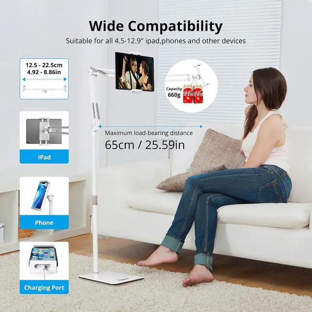 Alt view image 2 of 7 - Tablet Floor Stand Overhead Bed Phone Mount Height Adjustable Universal Metal Tablet Holder Phone Stand for iPad/iPhoneX/iPad Pro 4.5~12.9 Inch-Screen Phone Kindle 4.5-12.9 (Light White