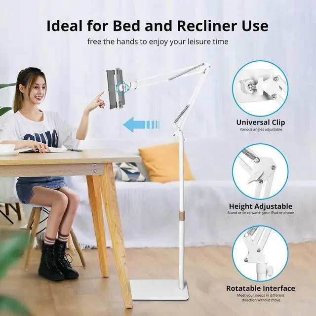 Alt view image 4 of 7 - Tablet Floor Stand Overhead Bed Phone Mount Height Adjustable Universal Metal Tablet Holder Phone Stand for iPad/iPhoneX/iPad Pro 4.5~12.9 Inch-Screen Phone Kindle 4.5-12.9 (Light White