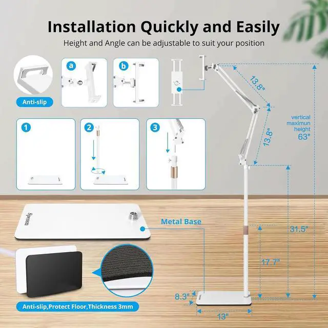 Alt view image 6 of 7 - Tablet Floor Stand Overhead Bed Phone Mount Height Adjustable Universal Metal Tablet Holder Phone Stand for iPad/iPhoneX/iPad Pro 4.5~12.9 Inch-Screen Phone Kindle 4.5-12.9 (Light White