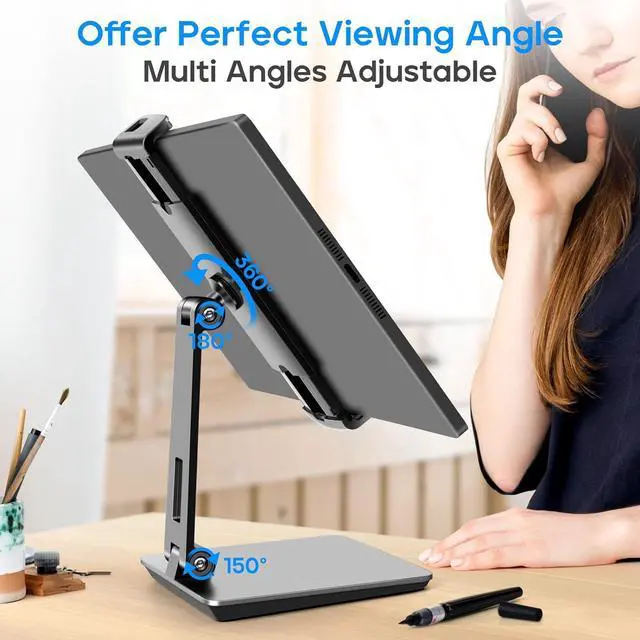 Alt view image 4 of 6 - Tablet Stand Adjustable 360° Swivel Bracket 180° Tiltable Clamp Foldable Tablet Holder for 4.7-17.3 iPhone/iPad/Tablet/Portable Monitor Aluminum Alloy Black