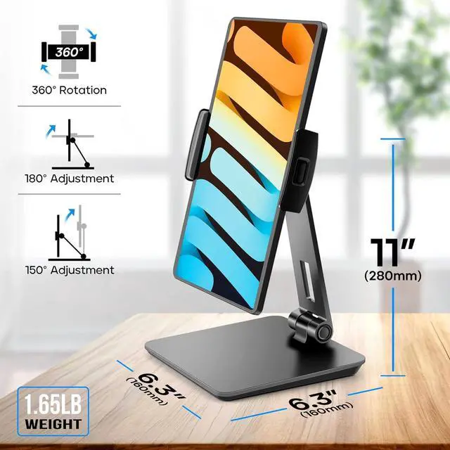 Alt view image 5 of 6 - Tablet Stand Adjustable 360° Swivel Bracket 180° Tiltable Clamp Foldable Tablet Holder for 4.7-17.3 iPhone/iPad/Tablet/Portable Monitor Aluminum Alloy Black